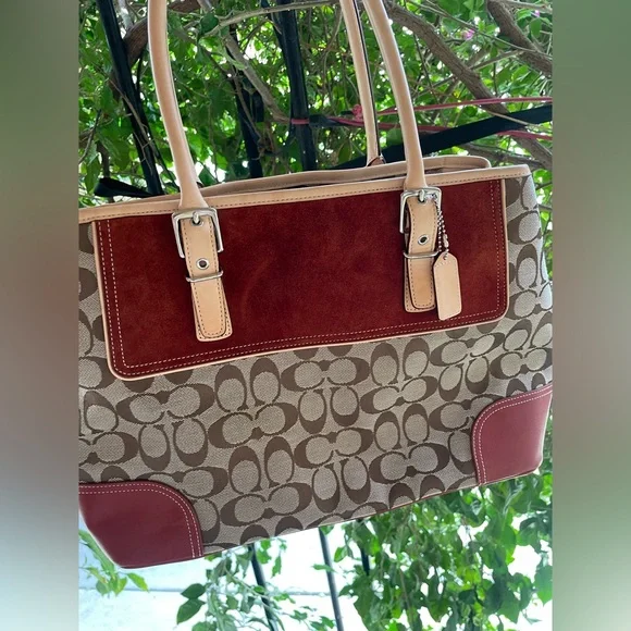 Coach, Y2K 2003 Hampton Leather, Suede, Canvas Satchel Bag, Red - Picture 9 of 17